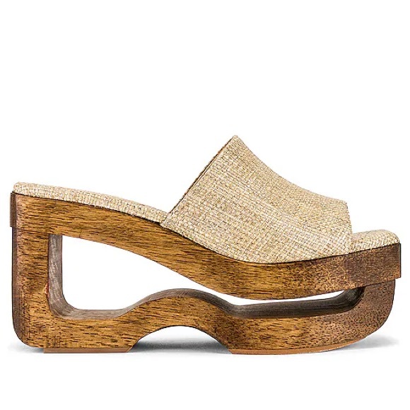 Cult Gaia Tan Woven Mules with Wooden Platform